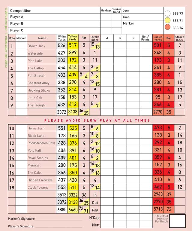 Score Card Mill Ride Championship Ascot Golf Course in Berkshire
